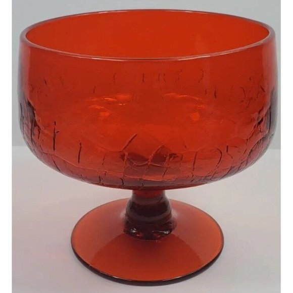 Vintage Blenko 629S Tangerine-Red Crackle Footed Compote MCM